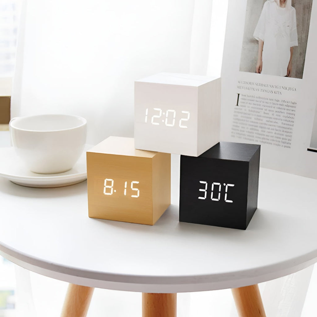 Wooden Grain Alarm Clock Cube Digital LED Tabletop Temperature Display - Image 1