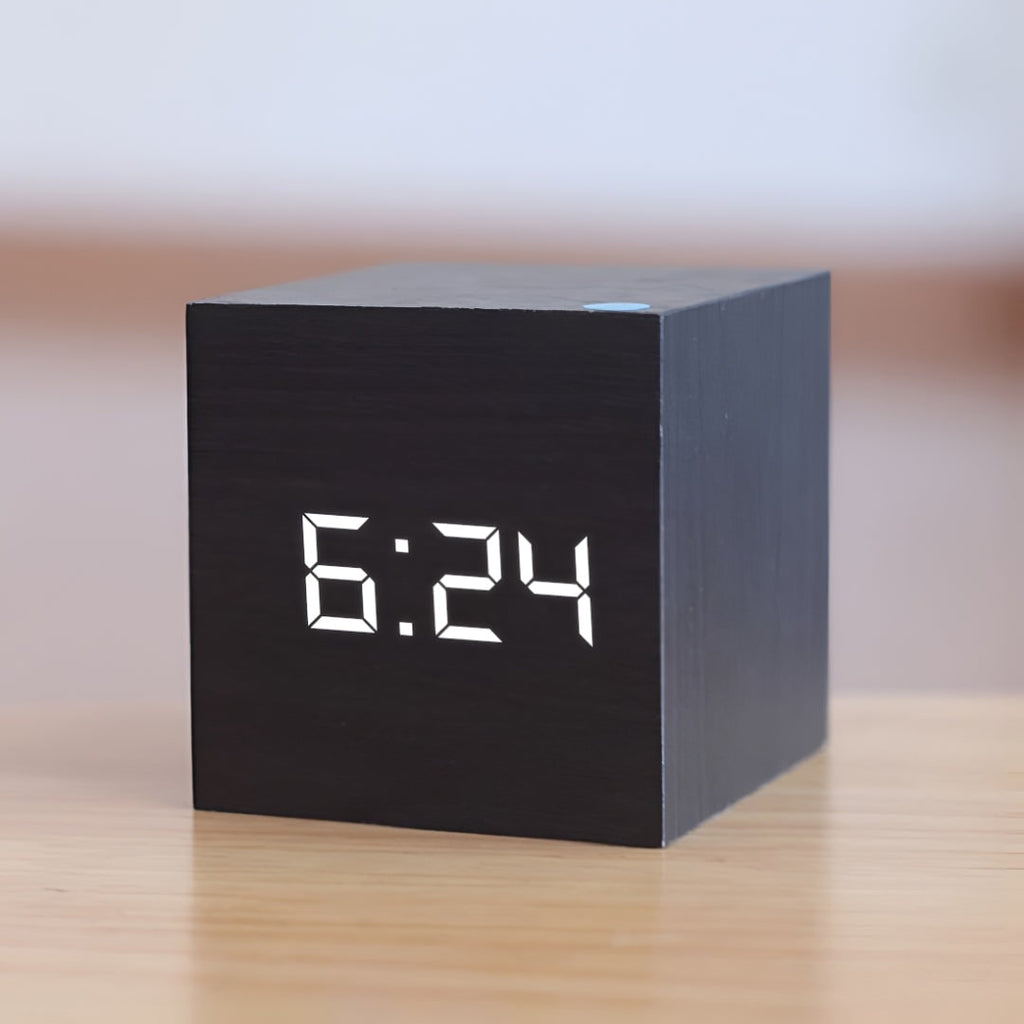 Wooden Grain Alarm Clock Cube Digital LED Tabletop Temperature Display - Image 2