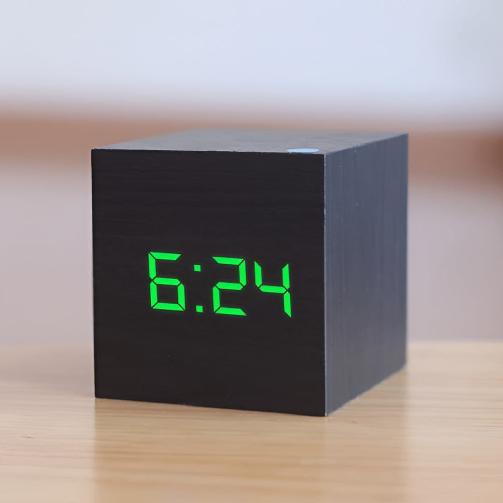 Wooden Grain Alarm Clock Cube Digital LED Tabletop Temperature Display - Image 3