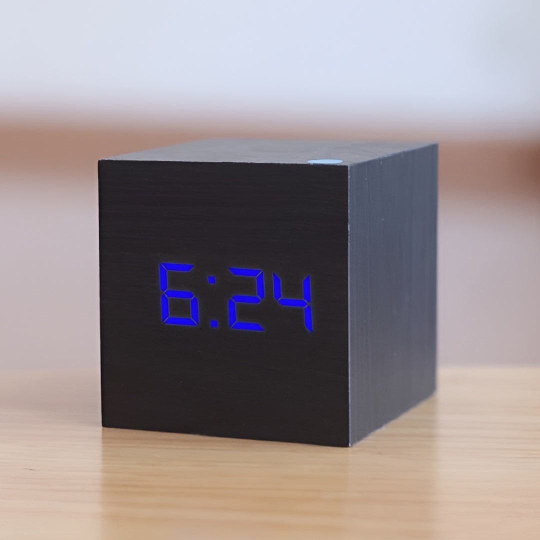 Wooden Grain Alarm Clock Cube Digital LED Tabletop Temperature Display - Image 4