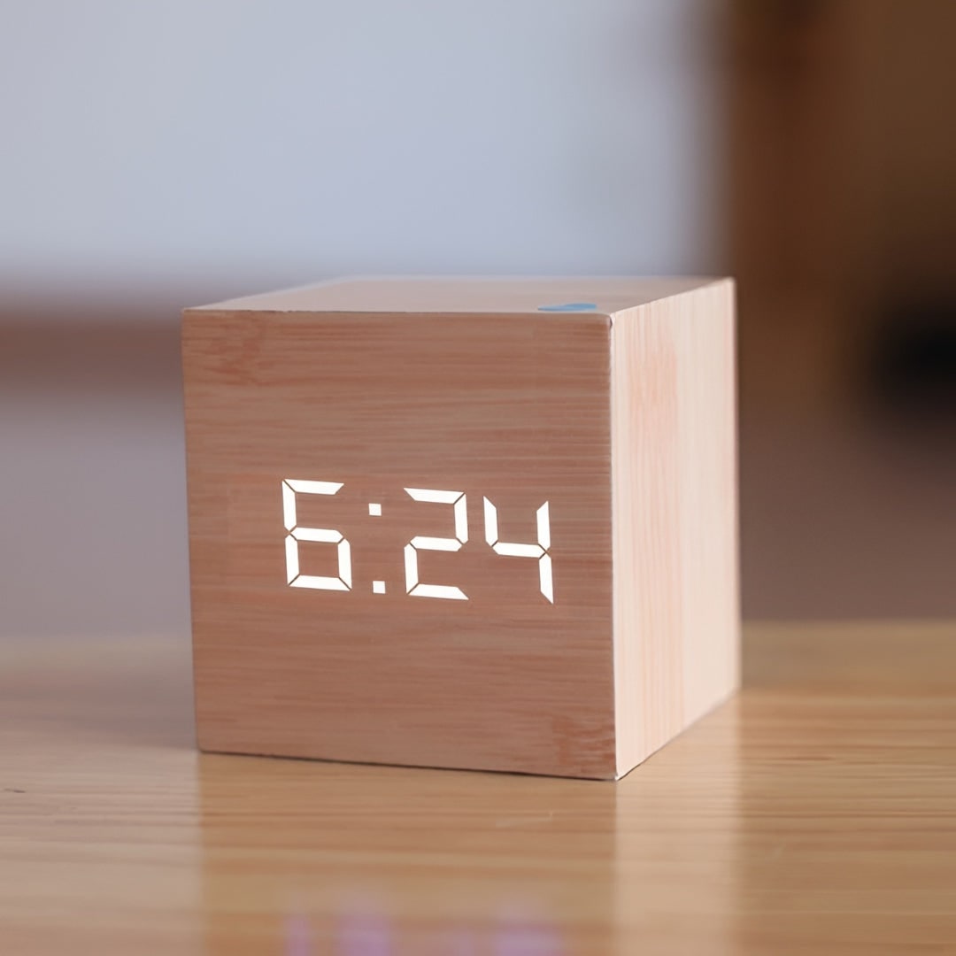 Wooden Grain Alarm Clock Cube Digital LED Tabletop Temperature Display - Image 7