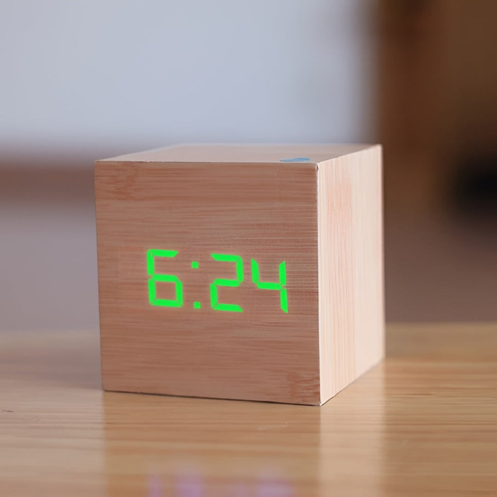 Wooden Grain Alarm Clock Cube Digital LED Tabletop Temperature Display - Image 8