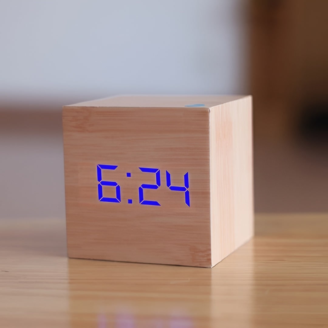 Wooden Grain Alarm Clock Cube Digital LED Tabletop Temperature Display - Image 9