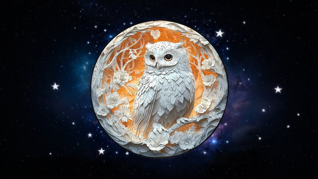 Wooden Jigsaw Puzzle Circular Owl Layered Papercut Forest Floral Pieces - Image 1