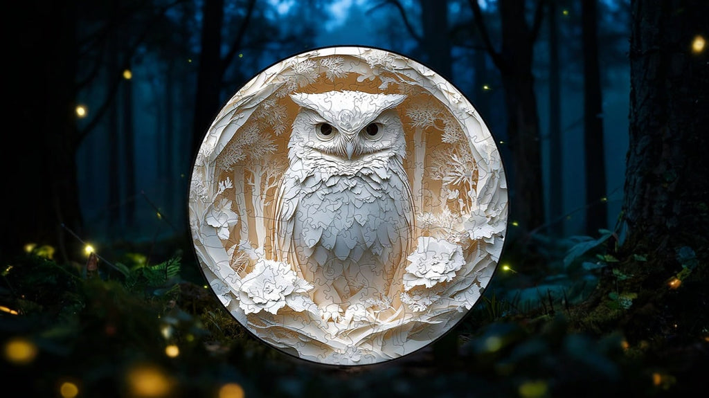 Wooden Jigsaw Puzzle Circular Owl Layered Papercut Forest Floral Pieces - Image 2