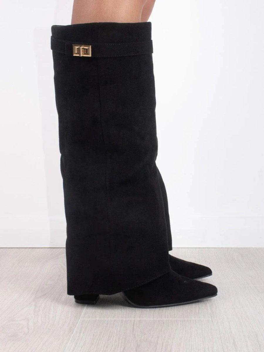 Women's Chic Knee High Boots – Block Heel & Flare Detail