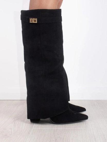 Women's Chic Knee High Boots – Block Heel & Flare Detail