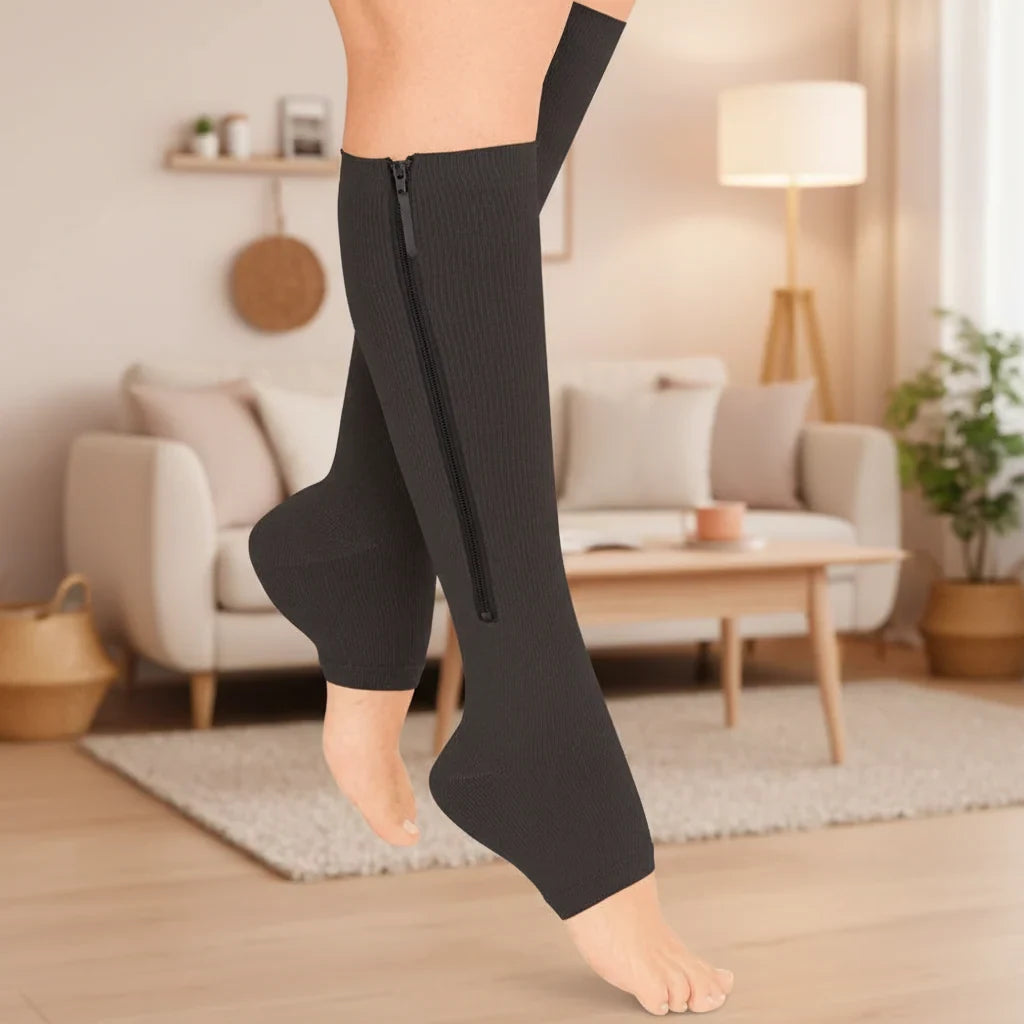 Zipper Compression Socks with Open Toe and Knee High Graduated Support for Travel - Image 1