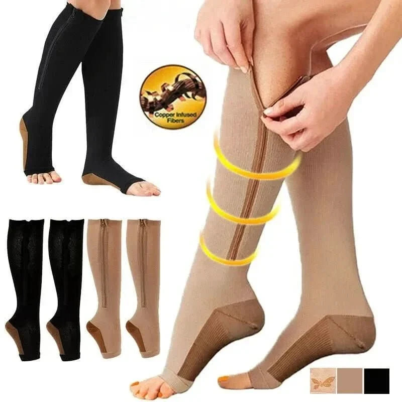 Zipper Compression Socks with Open Toe and Knee High Graduated Support for Travel - Image 8